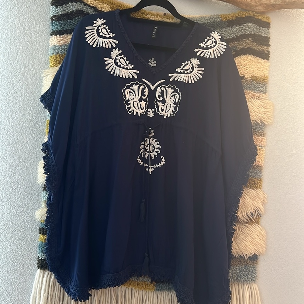 BOHO ME Navy/White Embroidered Tunic Mini Dress Kaftan Swim Cover-Up Women's' L - Picture 3 of 10